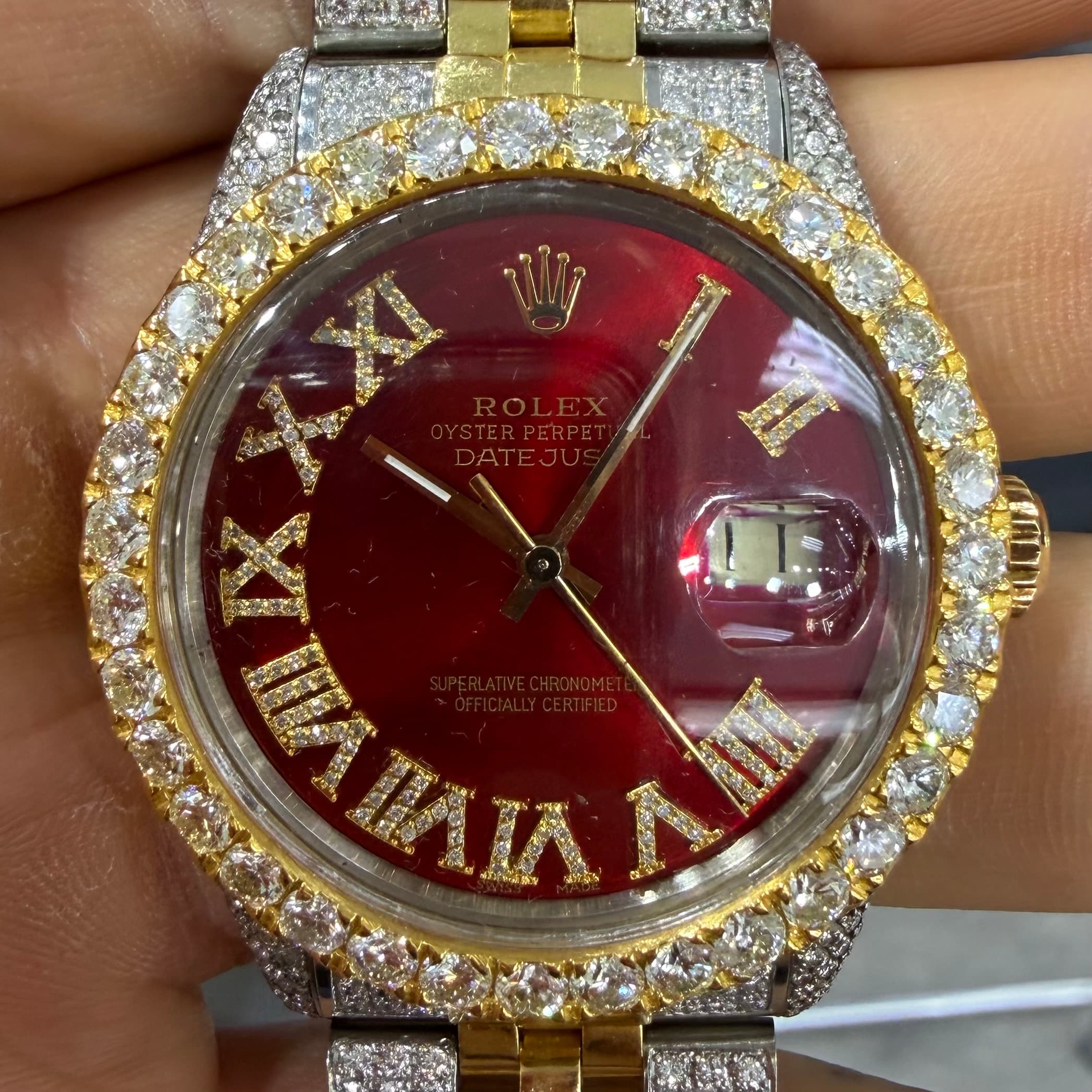Rolex Date Just Red Dial Diamonds