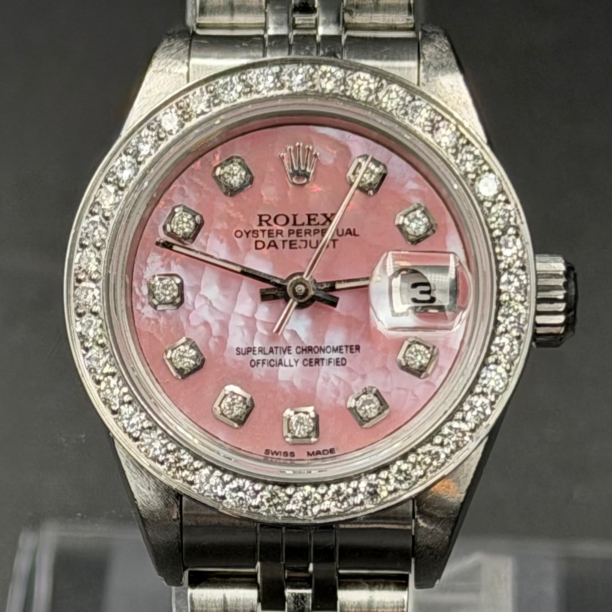 Rolex "Women's" Pink Mother of Peal Diamond Dial Diamond Bezel Date Just 26mm